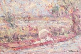 Paul Beauvais. Lady with a Parasol in a Punt, Oil on Board, Signed. 13