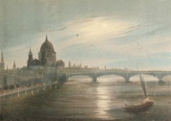 19th Century English School. 'Sailboat at Blackfriars Bridge', View of the Thames at Moonlight,