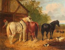 After Herring (19th Century). Horses, Sheep and Ducks outside a Barn, Oil on Board. 10