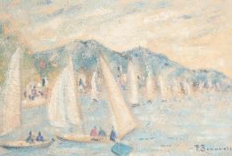 Paul Beauvais. A Scene of Yachts off the Shore with Mountains beyond, Oil on Board, Signed. 12