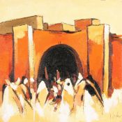 Middle Eastern School, 20th Century. Figures by an Arched Gateway, Oil on Canvas, Indistinctly