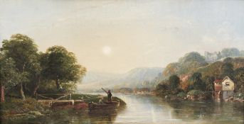 19th Century English School. Figures in a Boat Crossing a River with a Hilltop Castle beyond, Oil on