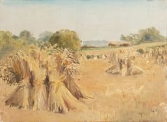 20th Century School. Hay Stooks in a Field, Oil on Canvas Laid onto Card. 10