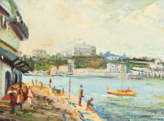 20th Century Continental School. A Harbour Scene with Figures on a Quay, Oil on Board. 5