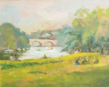 Dennis Gilbert (b.1922) British. A View of Richmond Bridge with Seated Figures in the Foreground,