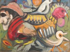 20th Century Continental School. An Oil on Canvas Painting featuring a Man's Head and Birds,