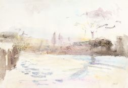 Howard J. Morgan (b.1949). River Landscape at Dusk, Watercolour, Signed and with Artist's Studio