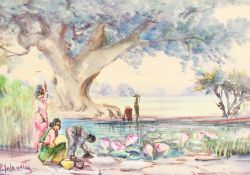 F. B. Yalavatta. 'Lotus Lake', Signed and with Artist's Label, Unframed. 9
