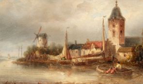 A. Hulk, Dutch School. Figures in a Row Boat with a Windmill beyond, Oil on Mahogany Panel. 4.25