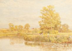 Thomas Henry Hunn (1857-1928). A River Landscape with Resting Figures, Watercolour, Signed. 10