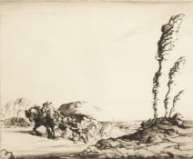 Ernest Herbert Whydale (1886-1952) British. A Man and a Cart and Two Horses Pulling a Cart Uphill,
