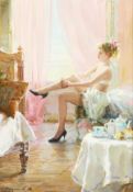Konstantin Razumov (b.1974). Study of a Lady Dressing in a Brightly Lit Interior, Oil on Canvas