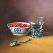 Brian Davies (1942-2014) British. A Still Life of Raspberries in a Blue and White Bowl, Oil on