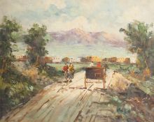 Silvano Papi, 20th Century. A Horse and Cart with Figures on a Country Road with Mountains in the