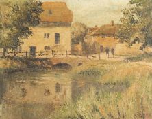 20th Century English School. A River Landscape, with figures by farm buildings, Oil on Board,