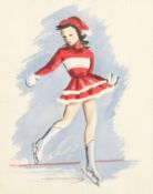 Mid 20th Century. A Pair of Sketches of a Male and Female Ice Skating, Watercolour. 17