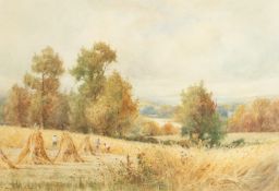 Wiggs Kinnaird (1870-1930) British. View of Workers at Harvest Time with Fields beyond, Watercolour,