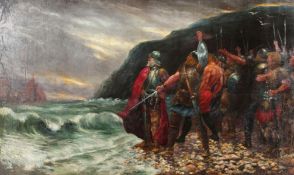 Late 19th Century School. Vikings on the Shore anticipating Vessels arriving, Oil on Canvas. 30