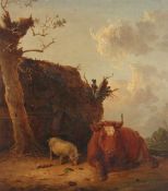 Edmund Bristow (1787-1876) British, Cow Resting by a Barn with a Pig Feeding, Oil on Canvas, Signed,