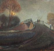 G.S.Perriman (20th Century) English School. Anglers on a Bridge at Moonlight, Oil on Board. 11
