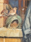 Early 20th Century English School. Robins Nesting in a Watering Can, Watercolour, Initialled G.E.