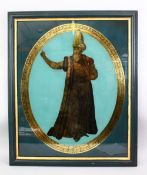 A FINE PERSIAN OVAL PAINTING ON GLASS, 30 ins x 24 ins.