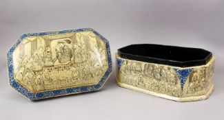 A LARGE 20TH CENTURY PERSIAN LACQUER LIDDED BOX & COVER, decorated with scenes of figures