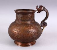 A GOOD 19TH CENTURY PERSIAN BRONZE CALLIGRAPHIC EWER, with bands of calligraphy and floral