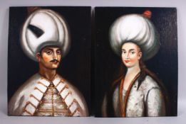 A PAIR OF TURKISH OIL ON BOARD PAINTING OF SULTAN & LADY, 40CM X 30CM
