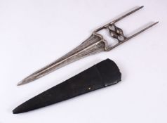 A GOOD 19TH CENTURY ISLAMIC KATAR STEEL DAGGER, with its leather sheath, 43cm.