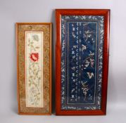 TWO CHINESE EMBROIDERED SILK FRAMED PICTURES, the larger depicting floral decoration with