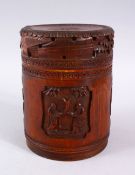 A 19TH CENTURY CHINESE CARVED BAMBOO LIDDED BRUSH POT, carved with panels of figures, animals and