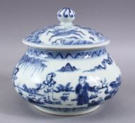 A CHINESE MING STYLE BLUE & WHITE PORCELAIN GINGER JAR & COVER, decorated with figures at