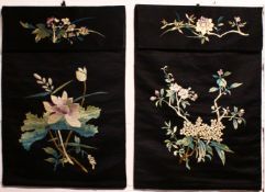 TWO 19TH CENTURY JAPANESE EMBROIDERED SILK SUDAN CURTAINS, both finely embroidered upon a black