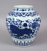 A GOOD CHINESE BLUE & WHITE PORCELAIN VASE, decorated with lion dog decoration upon formal scroll,
