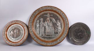 THREE ISLAMIC 19TH CENTURY SILVERED COPPER CIRCULAR CHARGERS, both decorated with scenes of imperial