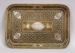 A FINE 19TH CENTURY DAMASCUS CAIROWARE SILVER INLAID BRASS TRAY, with corner decoration of