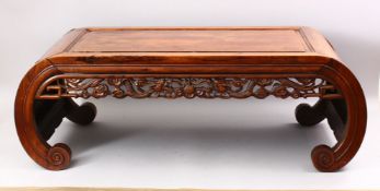 A FINE QUALITY 19TH CENTURY CHINESE HARDWOOD OPIUM BAT & DRAGON CARVED TABLE, the scroll ends with