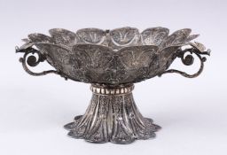 A FINE 19TH CENTURY TURKISH OTTOMAN FILIGREE TRI HANDLED BASKET, with fine lappet filigree style