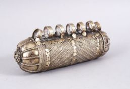 A LARGE 19TH CENTURY YEMENI OR OMANI WHITE METAL PRAYER SCROLL CASE, 14cm.