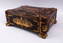 A GOOD 19TH CENTURY CHINOISERIE BLACK & GOLD LACQUER FITTED SEWING BOX & KEY, the box decorated with