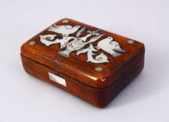 A 19TH CENTURY BETHLEHEM OLIVEWOOD BOX, inlaid with mother of pearl decoration, 9cm wide.
