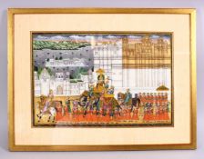 A GOOD PERSIAN PAINTING ON TEXTILE OF A PROCESSION, figures at procession in a village setting,
