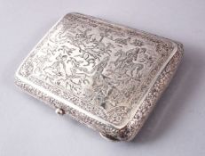 A FINE 19TH CENTURY PERSIAN QAJAR SILVER CHASED CIGARETTE CASE, with finely chased hunting scenes,