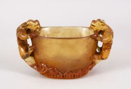 A GOOD CHINESE PEKING GLASS TWIN HANDLE LIBATION CUP, the sides with climbing kylin as handles, 12cm