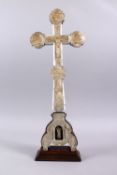 AN 18TH CENTURY JERUSALEM MOTHER OF PEARL & OLIVE WOOD CRUCIFIX, inlaid with mother of pearl
