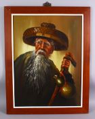 A GOOD CHINESE PAINTING ON CANVAS OF A SAGE- holding his staff and double gourd, artist signed 