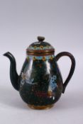 A GOOD JAPANESE MEIJI PERIOD GREEN & GOLD SPECK CLOISONNE TEA POT, decorated with butterfly, with