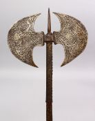 A GOOD 19TH CENTURY QAJAR STEEL ENGRAVED AXE, 52cm x 28cm.