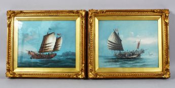A PAIR OF 19TH CENTURY CHINESE GILT FRAMED PAINTED PICTURES OF JUNK / SHIPS AFTER CHINERY, 31cm wide